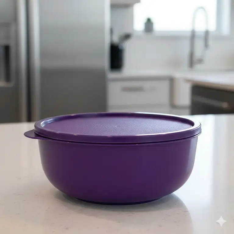 A premium purple tupperware bowl with a matching lid on a modern kitchen countertop.