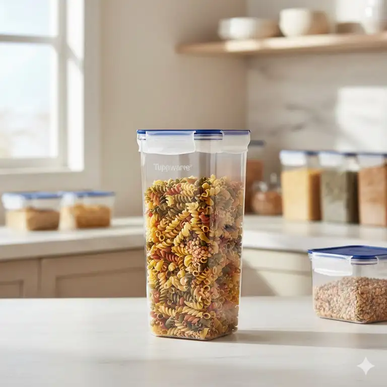 A clear tupperware tall modular mate container stored on an organized white kitchen pantry shelf.