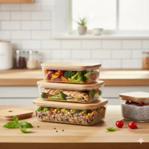Set of glass meal prep environmentally friendly storage containers with airtight lids for sustainable food storage.