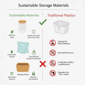 An educational chart comparing different materials used in eco friendly storage containers like silicone and glass.