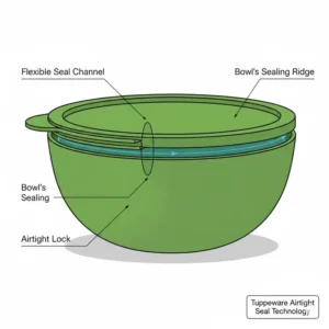 Illustration showing the airtight seal technology of the tupperware green bowl with lid.