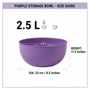 An illustration showing the exact dimensions and liquid capacity of a purple tupperware bowl.