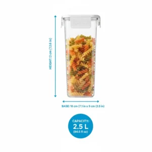 Illustration showing the height and liter capacity measurements of a tupperware tall storage container.