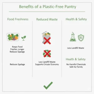 An infographic showing the health and environmental benefits of using eco friendly storage containers in a pantry.