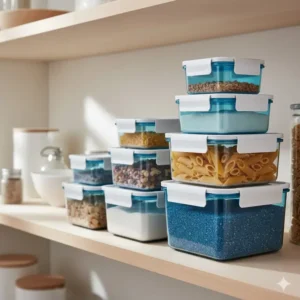 Neatly stacked tupperware heritage blue canisters demonstrating space-saving storage in a pantry.