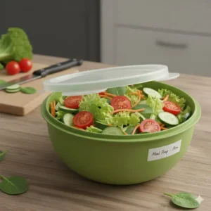 Fresh salad stored inside a tupperware green bowl with lid for healthy meal prepping.