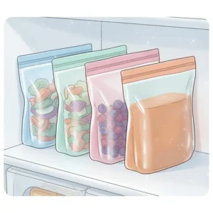 Colorful reusable silicone bags providing a plastic-free eco friendly freezer storage alternative.