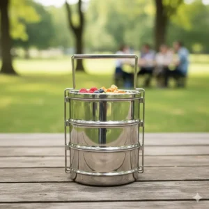 Durable stainless steel stackable lunch boxes as durable environmentally friendly storage containers.