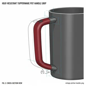 Detailed illustration of a heat-resistant pot featuring a red silicone tupperware handle grip.