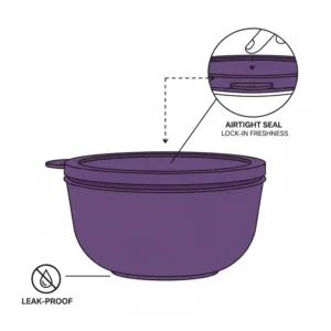 A detailed diagram of the airtight and leak-proof seal of this purple tupperware bowl.