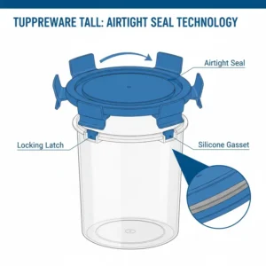 Diagram of the signature tupperware tall airtight seal locking mechanism to keep food fresh.