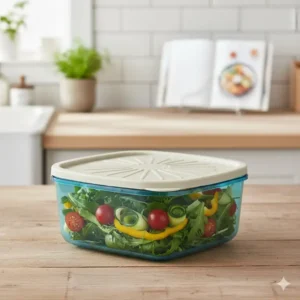 A square-shaped tupperware heritage blue storage bowl filled with fresh salad.
