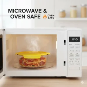 A microwave safe storage bowl set being used to heat up delicious pasta.