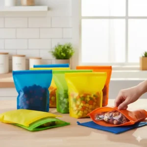 Colorful reusable silicone bags for airtight and environmentally friendly storage containers solutions.