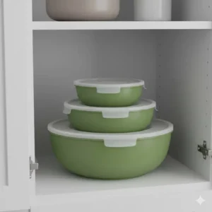 A kitchen cabinet showing how easily a tupperware green bowl with lid can be stacked.