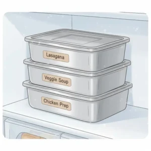 Stackable stainless steel containers designed for long-term eco friendly freezer storage.