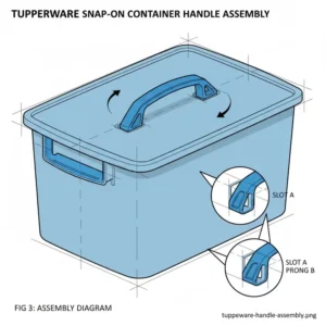 Diagram showing the assembly process of a snap-on tupperware handle onto a large storage container.