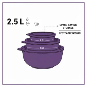 An illustration of a purple tupperware bowl nested with others for space-saving storage.