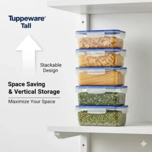 Illustration of multiple tupperware tall containers stacked vertically to maximize small pantry space.