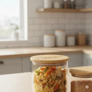 Close up of a sustainable bamboo lid on glass environmentally friendly storage containers for a plastic free kitchen.