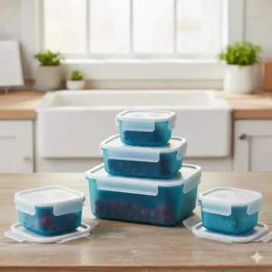 Different sizes of tupperware heritage blue bowls nested inside each other to show compact storage.