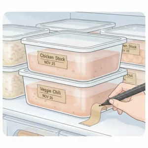 A clear labeling system using masking tape on various eco friendly freezer storage containers.