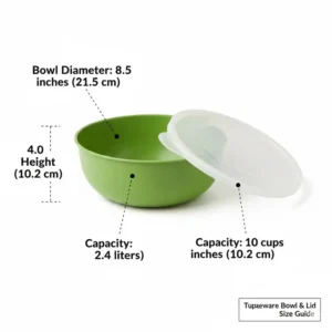 Detailed size and capacity guide for this specific tupperware green bowl with lid.