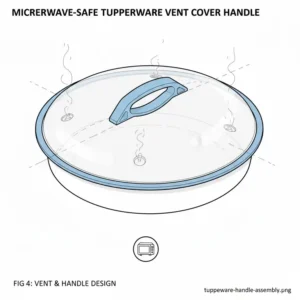Illustration of a microwave-safe vent cover with a cool-touch tupperware handle for safe lifting.