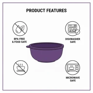 Icons highlighting that every purple tupperware bowl is dishwasher and microwave safe.