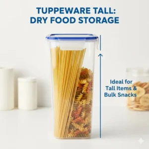 Illustration of a tupperware tall container used for storing dry spaghetti noodles and bulk snacks.