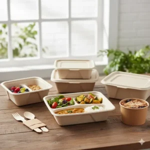 Compostable and biodegradable plant fiber environmentally friendly storage containers for eco-friendly takeout.