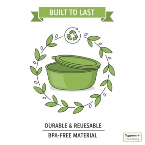 Graphic highlighting the durable and BPA-free material of the tupperware green bowl with lid.