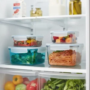 tupperware heritage blue containers stored on a refrigerator shelf keeping leftovers fresh.