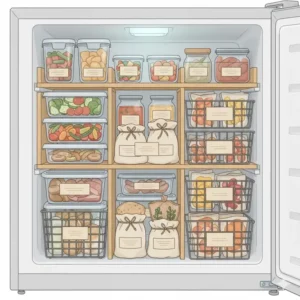 Vertical organization using bins to maximize space in your eco friendly freezer storage.