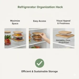 A refrigerator interior showing a space-saving hack using stackable eco friendly storage containers.
