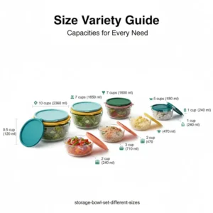 A size variety guide for the storage bowl set showing different capacities.