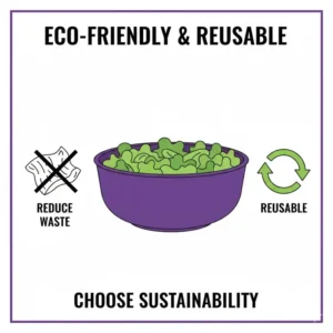 A graphic showing a reusable purple tupperware bowl as a sustainable food storage solution.