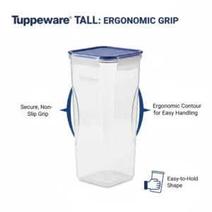 A graphic highlighting the contoured edges of the tupperware tall series for a secure non-slip grip.