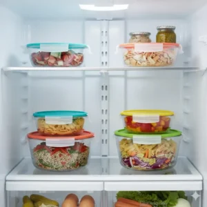 Stackable storage bowl set used for organized food storage inside a refrigerator.