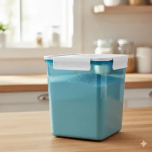 A large capacity tupperware heritage blue canister used for bulk dry food storage like flour or sugar.