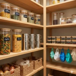 Neatly organized pantry using various environmentally friendly storage containers and minimalist labels.