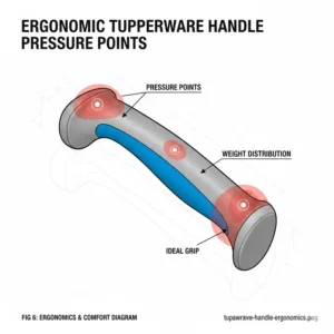 An ergonomic diagram highlighting the pressure points and grip comfort of a modern tupperware handle.