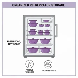 Illustration of a neatly organized refrigerator using more than one purple tupperware bowl.