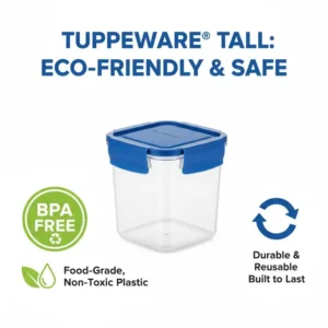 Iconography showing the BPA-free and eco-friendly reusable plastic material used in tupperware tall products.