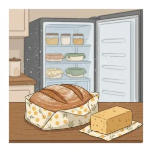 Sustainable beeswax wraps used for eco friendly freezer storage of bread and solid foods.