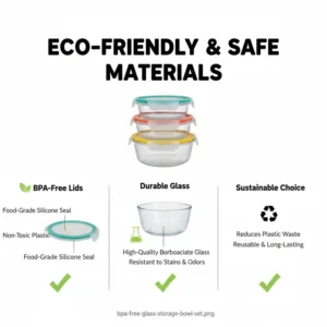 Infographic highlighting the eco-friendly and BPA-free storage bowl set materials.