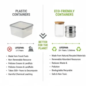 An infographic comparing plastic vs environmentally friendly storage containers showing lifespan and environmental impact.