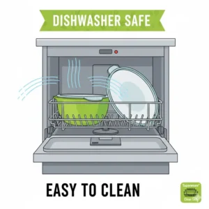Illustration of a tupperware green bowl with lid being cleaned in a dishwasher. 