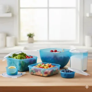 An array of tupperware heritage blue containers in various sizes from small snack cups to large mixing bowls.