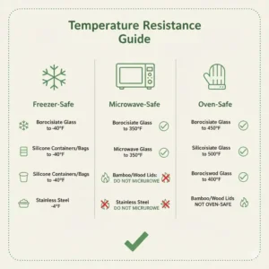 A technical guide showing the temperature resistance for freezer and oven-safe eco friendly storage containers.